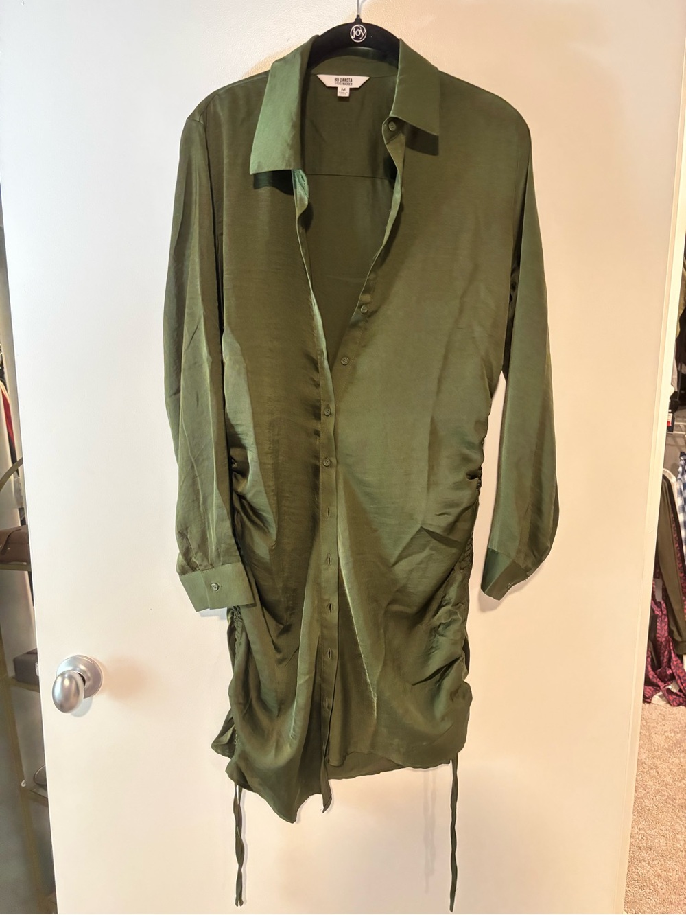 BB Dakota Olive Green Ruched Button-Down Shirt Dress